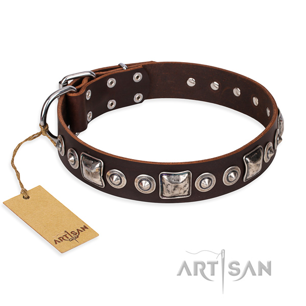 Natural genuine leather dog collar made of top notch material with strong traditional buckle