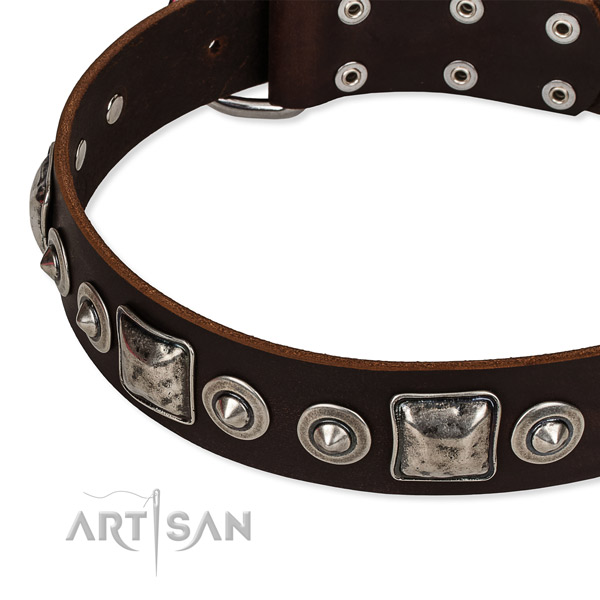 Full grain genuine leather dog collar made of soft material with adornments