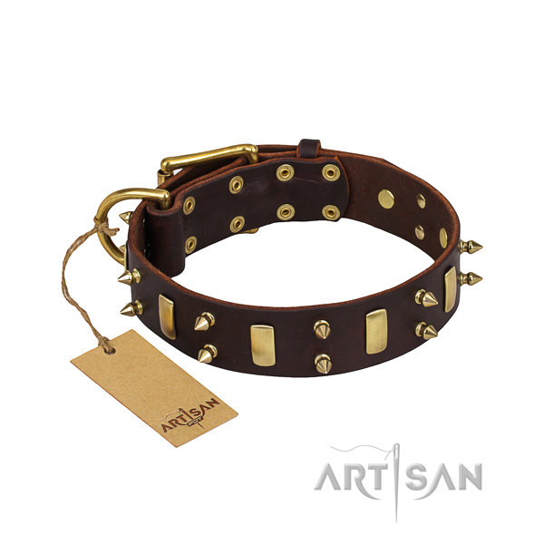 Easy wearing dog collar of durable full grain leather with embellishments