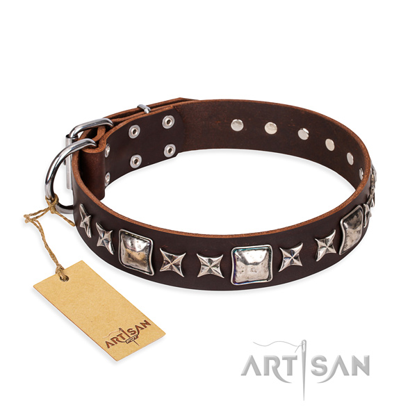 Comfortable wearing dog collar of strong full grain leather with adornments