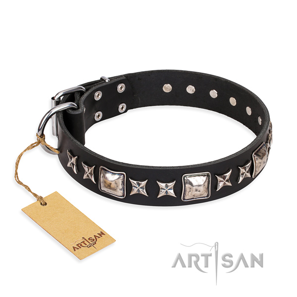 Easy wearing dog collar of durable full grain natural leather with adornments