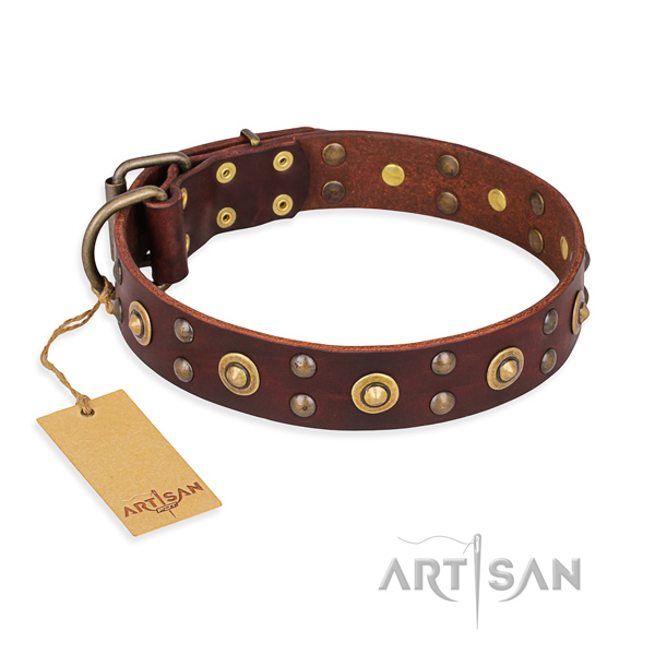 Easy to adjust genuine leather dog collar with rust-proof D-ring