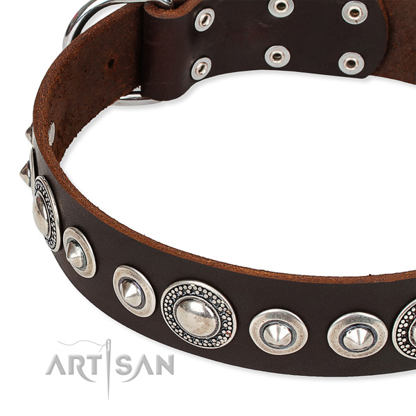 Basic training decorated dog collar of best quality full grain natural leather