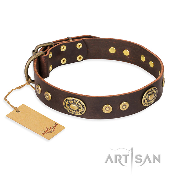 Natural genuine leather dog collar made of flexible material with corrosion proof buckle