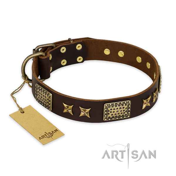 Easy to adjust full grain leather dog collar with durable D-ring