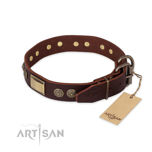 Reliable D-ring on full grain genuine leather collar for stylish walking your pet