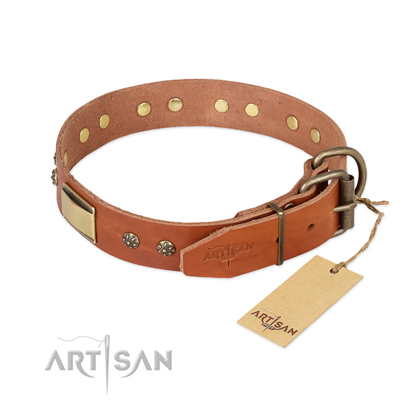 Natural genuine leather dog collar with corrosion resistant hardware and studs