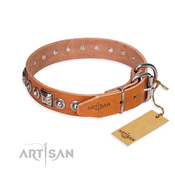 Natural genuine leather dog collar made of high quality material with strong decorations