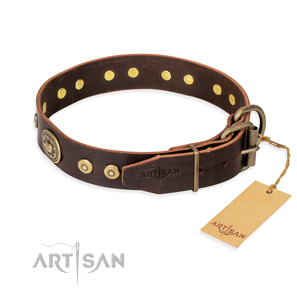 Full grain genuine leather dog collar made of top notch material with rust resistant embellishments