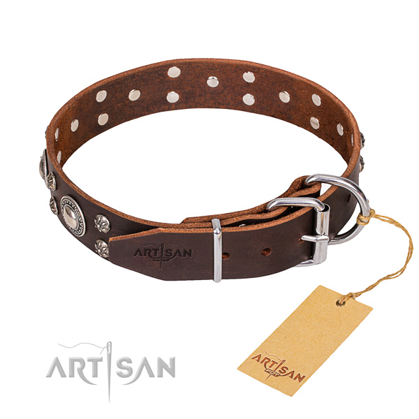 Handy use adorned dog collar of reliable full grain leather