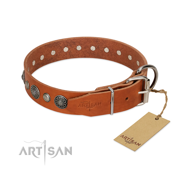 Reliable full grain genuine leather dog collar with rust-proof buckle