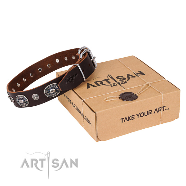 Soft natural genuine leather dog collar created for handy use