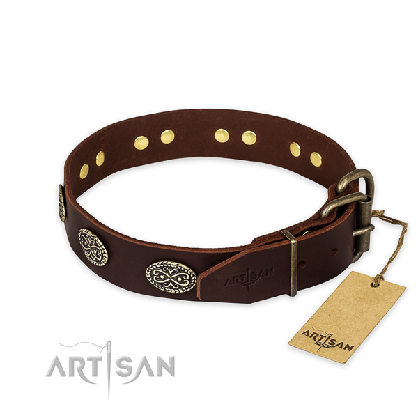 Corrosion proof D-ring on natural genuine leather collar for your lovely pet