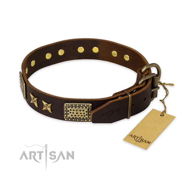 Rust-proof traditional buckle on full grain natural leather collar for your stylish doggie