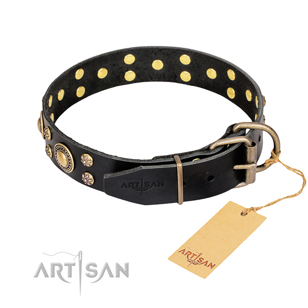 Easy wearing decorated dog collar of high quality genuine leather