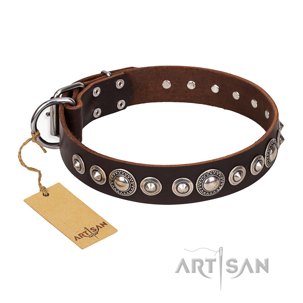 Strong adorned dog collar of full grain leather