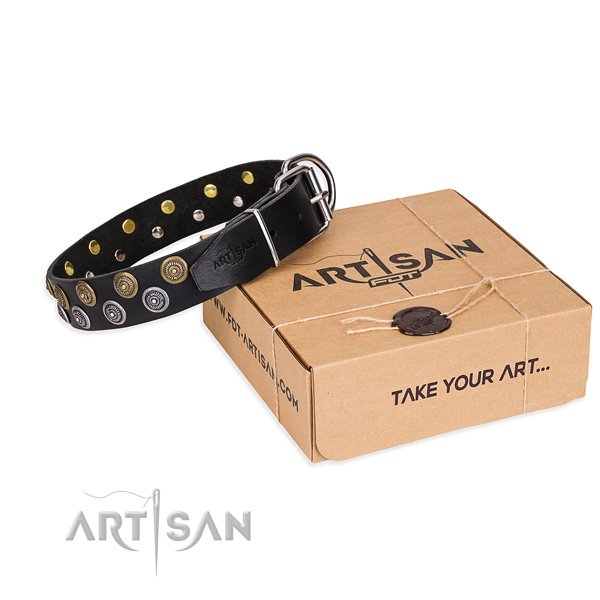 Everyday use dog collar of strong full grain genuine leather with decorations