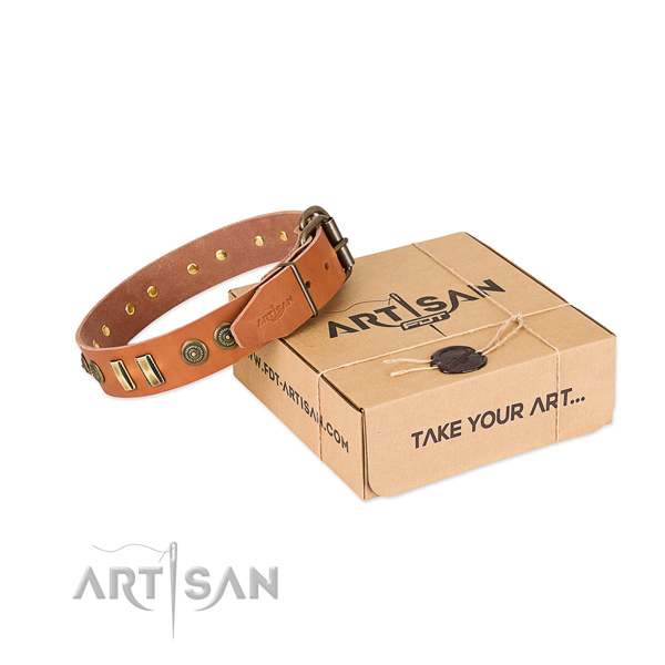 Rust-proof traditional buckle on full grain natural leather dog collar for your doggie