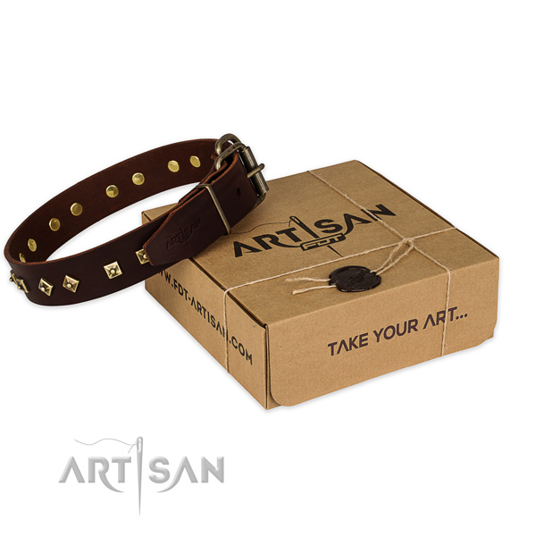 Reliable hardware on full grain leather dog collar for handy use