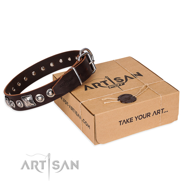 Natural genuine leather dog collar made of soft material with strong traditional buckle