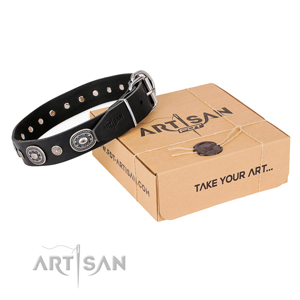 Quality natural genuine leather dog collar handcrafted for comfortable wearing