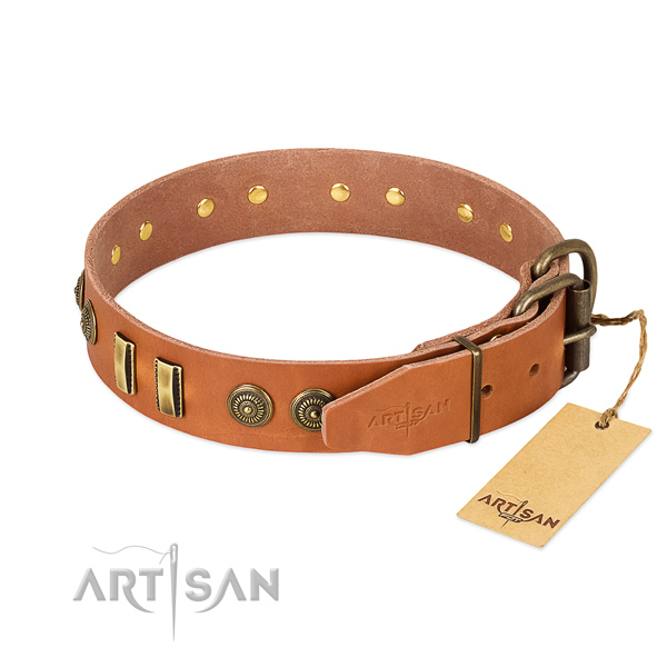 Rust-proof D-ring on genuine leather dog collar for your dog