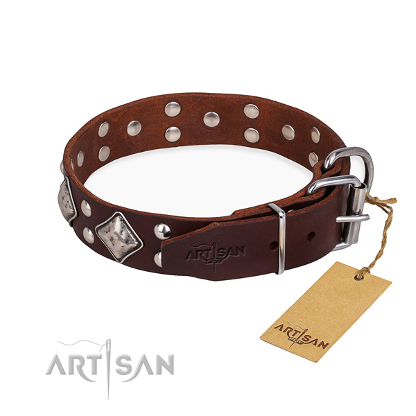 Full grain natural leather dog collar with top notch rust resistant studs