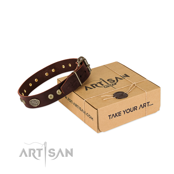 Rust resistant decorations on full grain genuine leather dog collar for your pet