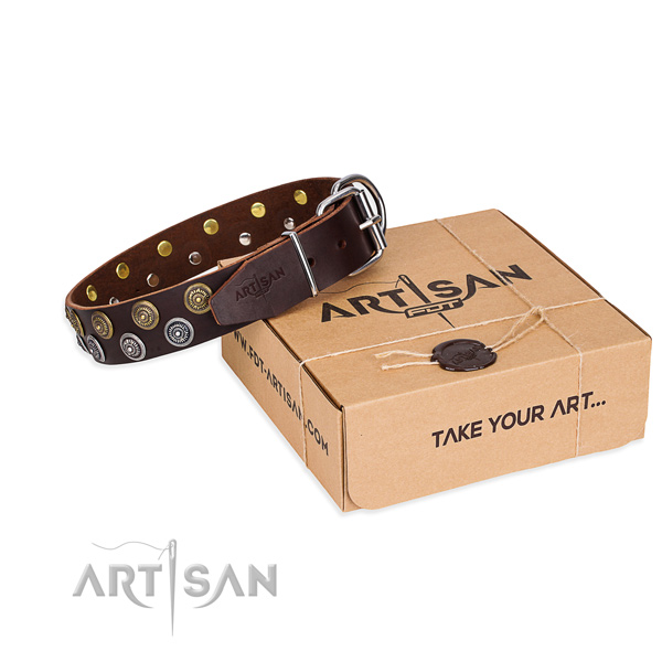 Comfortable wearing dog collar of fine quality full grain leather with adornments