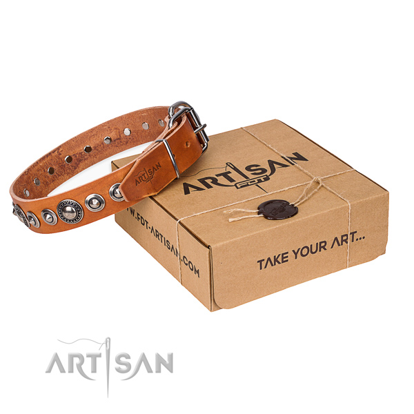 Leather dog collar made of soft to touch material with strong D-ring