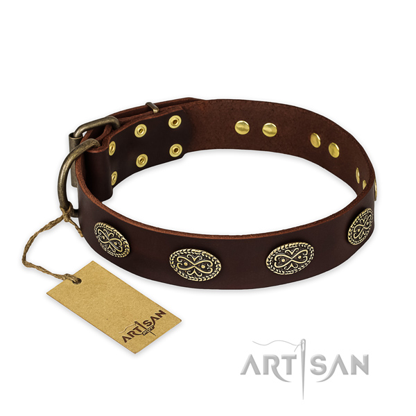 Unique natural genuine leather dog collar with rust resistant buckle