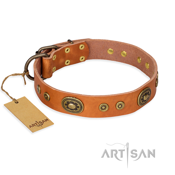 Full grain natural leather dog collar made of quality material with corrosion resistant D-ring